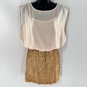 Mystic Women's Chic Cream and Gold Sequin Mini Dress w/Chiffon Bloused Bodice-S